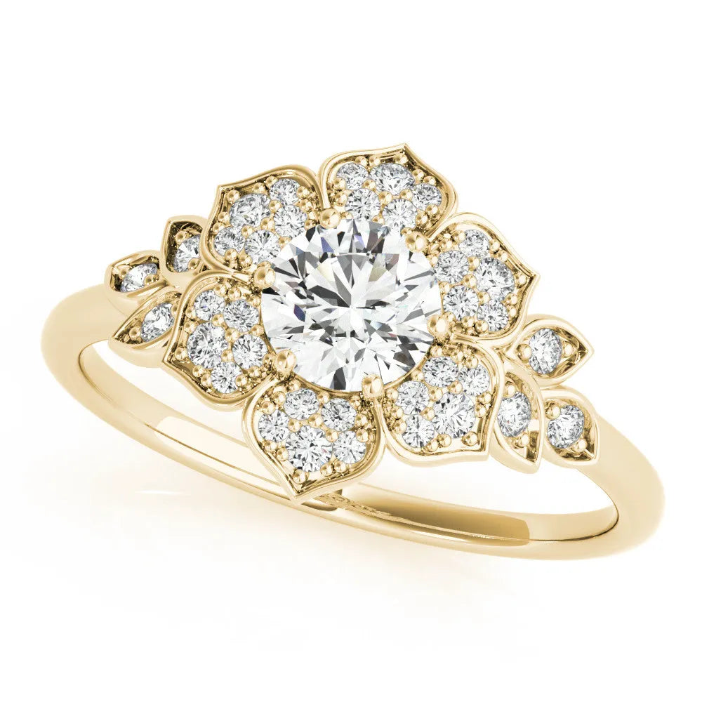 Yellow gold Round Brilliant Diamond Floral Halo Ring with Pavé Band and Four-Prong Setting