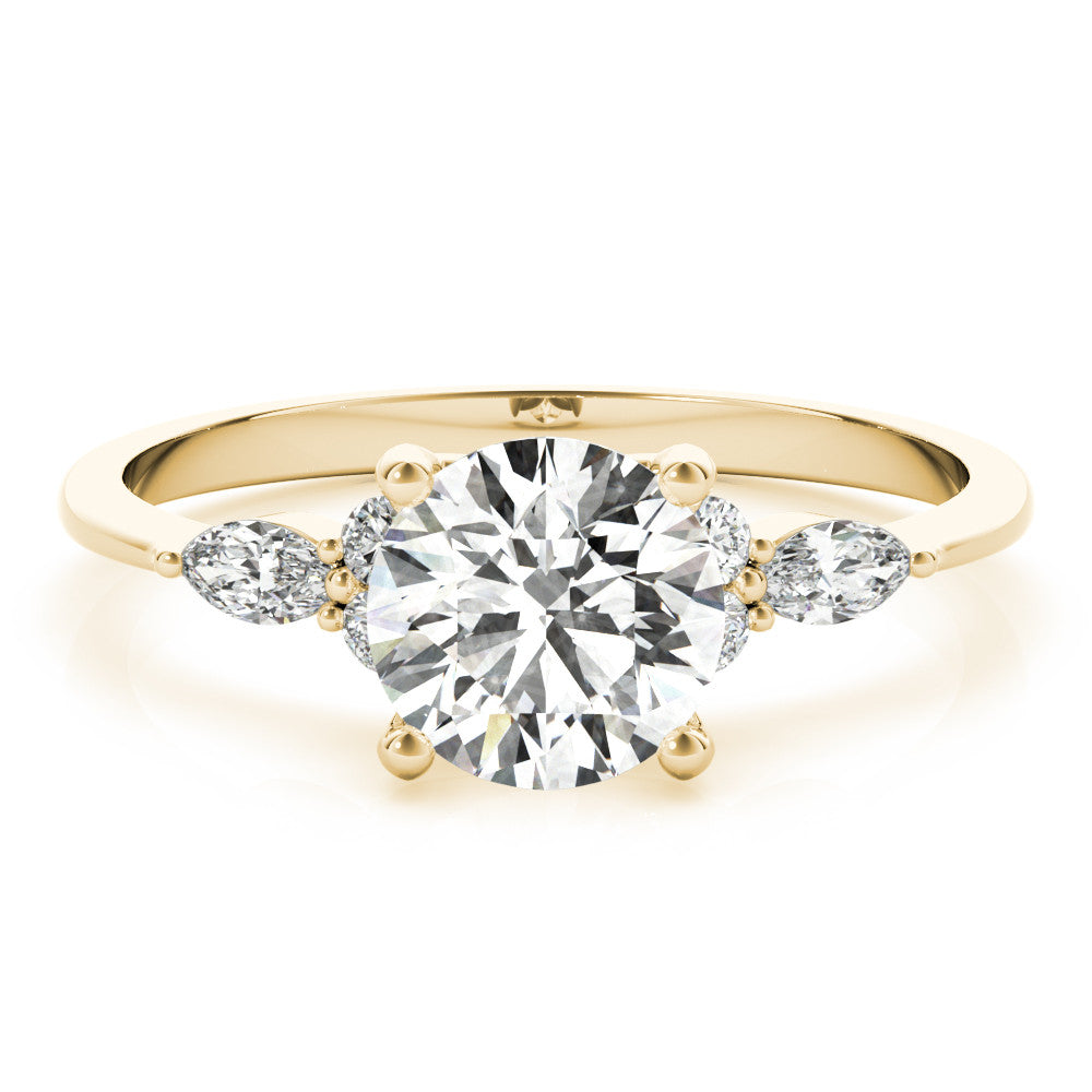 Yellow gold Round Brilliant Diamond Solitaire Ring with Pear Side Stones and Four-Prong Setting 1