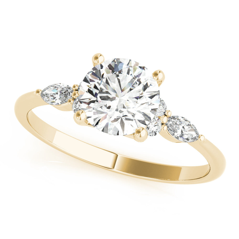 Yellow gold Round Brilliant Diamond Solitaire Ring with Pear Side Stones and Four-Prong Setting