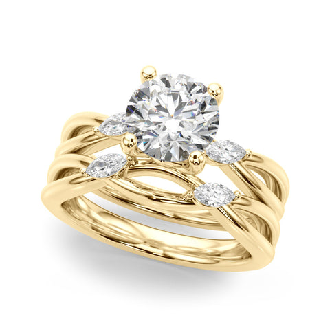 Yellow gold Round Brilliant Diamond Solitaire with Marquise Side Stones on a Twisted Band and Four-Prong Setting 1