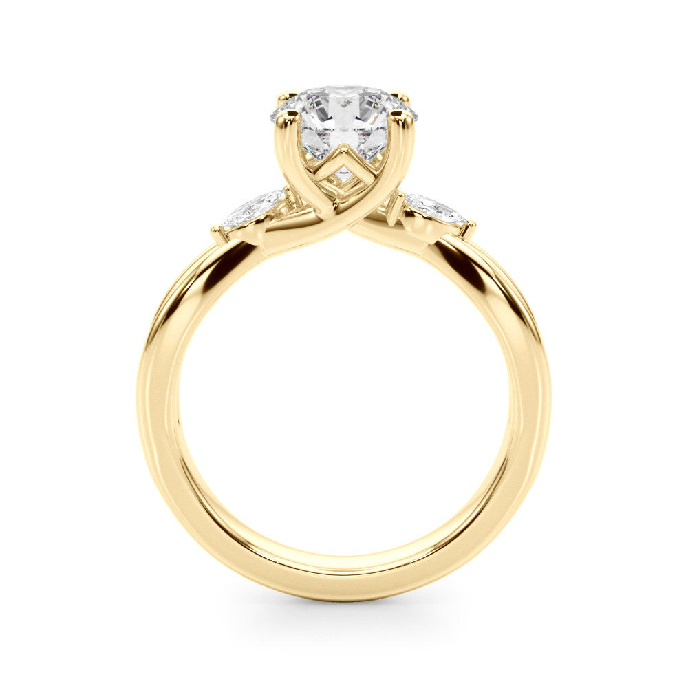 Yellow gold Round Brilliant Diamond Solitaire with Marquise Side Stones on a Twisted Band and Four-Prong Setting 2