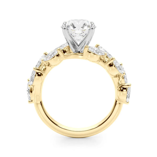 Yellow gold Round Brilliant Diamond Solitaire with Marquise and Pear Accent Stones on a Split Shank Band with Four-Prong Setting
