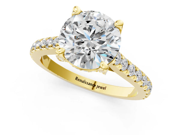 Yellow gold Round Brilliant Diamond Solitaire with Pavé Band and Four-Prong Setting
