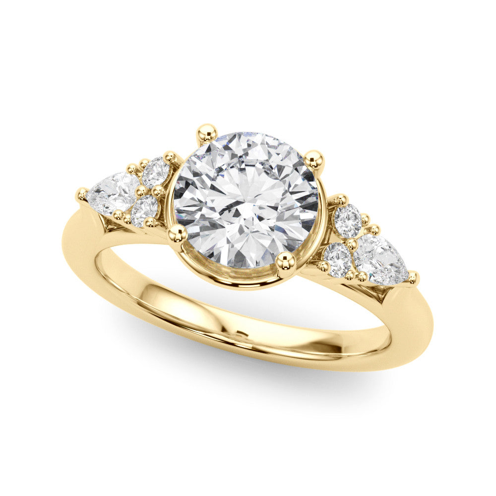Yellow gold Round Brilliant Diamond Solitaire with Side Stones on a Tapered Band and Four-Prong Setting