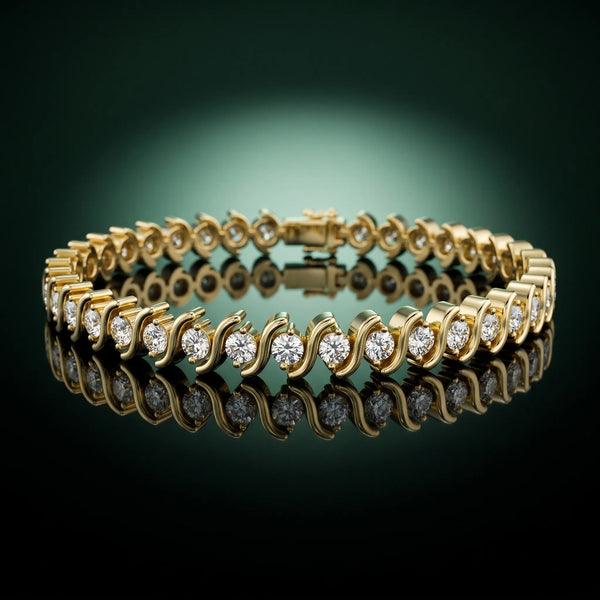 Yellow gold Round Brilliant Diamond Tennis Bracelet with Channel Set S-Shaped Prong Setting