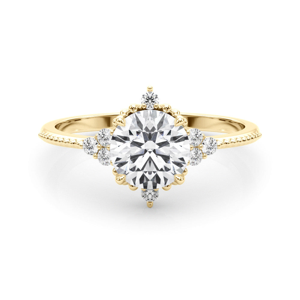 Yellow gold Round Brilliant Diamond with Cluster Setting on a Beaded Band and Four-Prong Setting 1