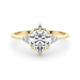 Yellow gold Round Brilliant Diamond with Cluster Setting on a Beaded Band and Four-Prong Setting 1