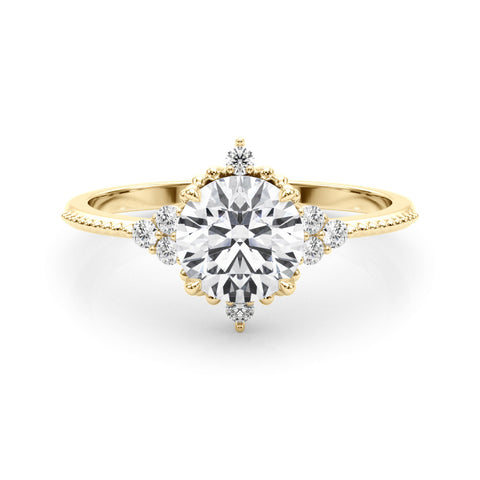 Yellow gold Round Brilliant Diamond with Cluster Setting on a Beaded Band and Four-Prong Setting 1
