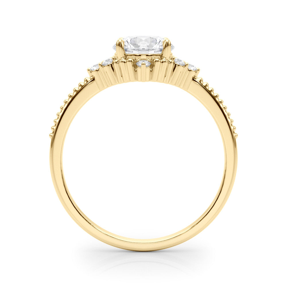 Yellow gold Round Brilliant Diamond with Cluster Setting on a Beaded Band and Four-Prong Setting 2