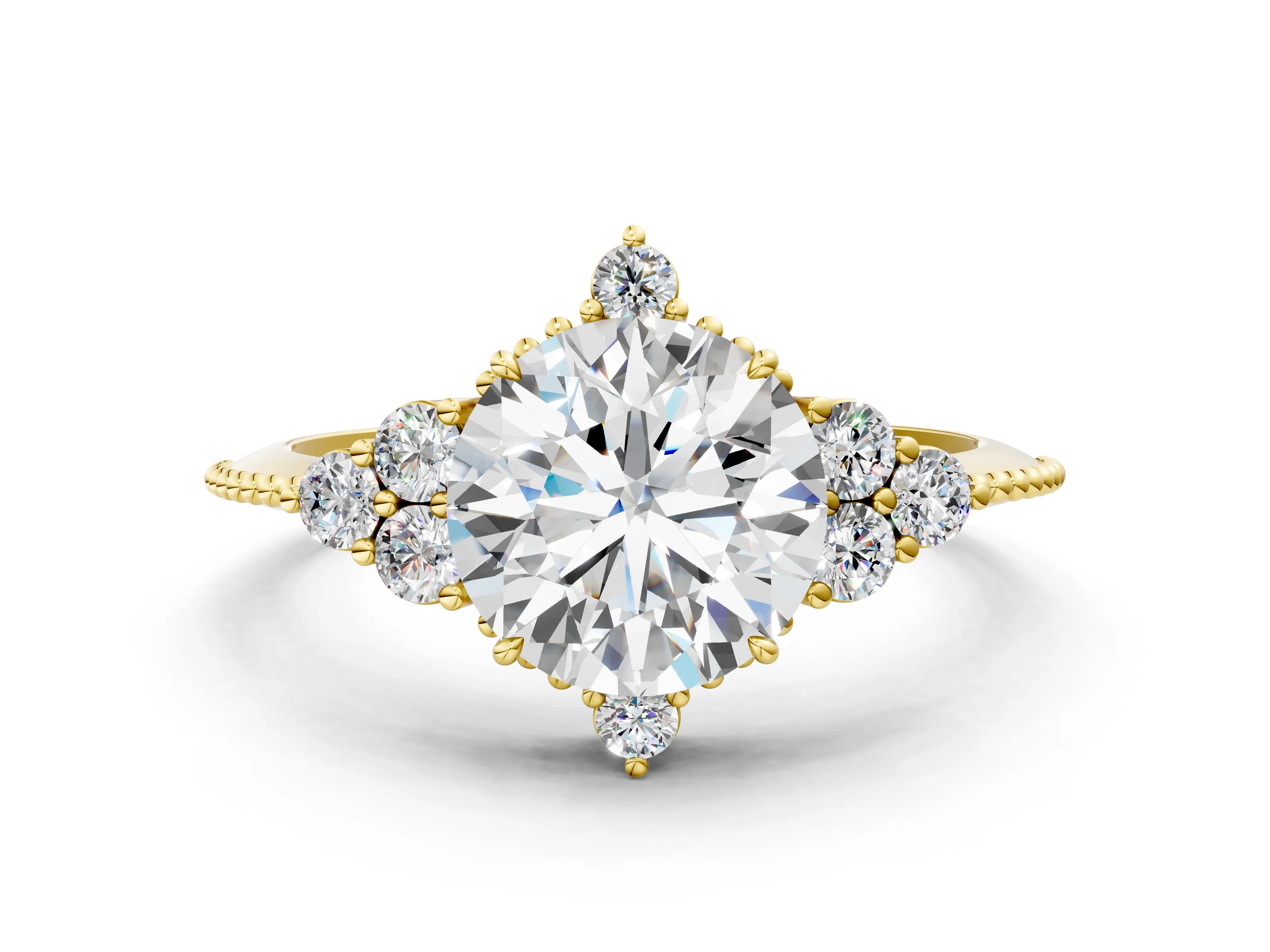 Yellow gold Round Brilliant Diamond with Cluster Setting on a Beaded B