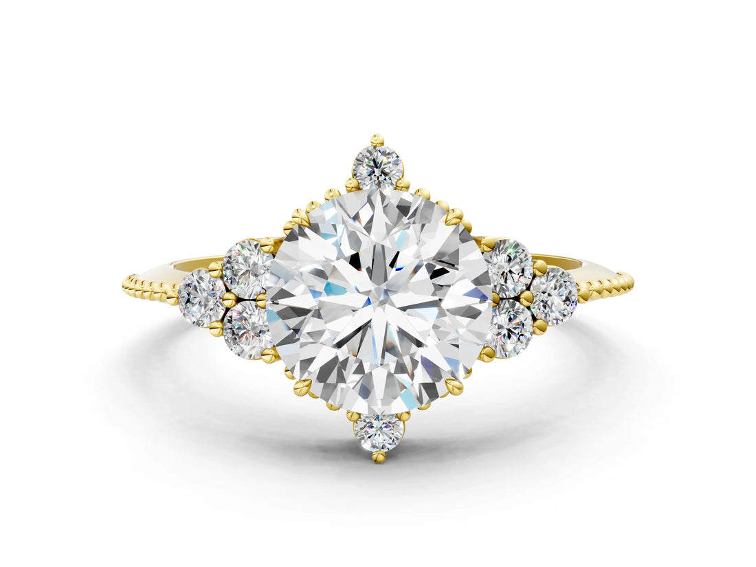 Yellow gold Round Brilliant Diamond with Cluster Setting on a Beaded Band and Four-Prong Setting_15