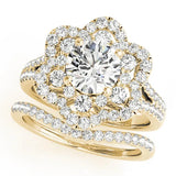 Yellow gold Round Brilliant Double Halo Floral Pave Split Shank Prong Setting Ring 1