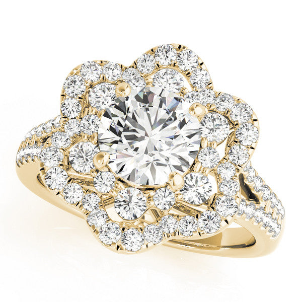 Yellow gold Round Brilliant Double Halo Floral Pave Split Shank Prong Setting Ring