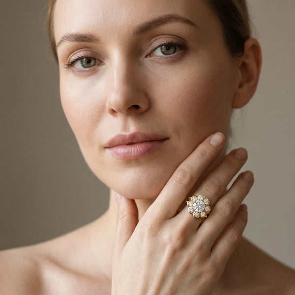 Yellow gold Round Brilliant Flower Halo Diamond Split Shank Ring