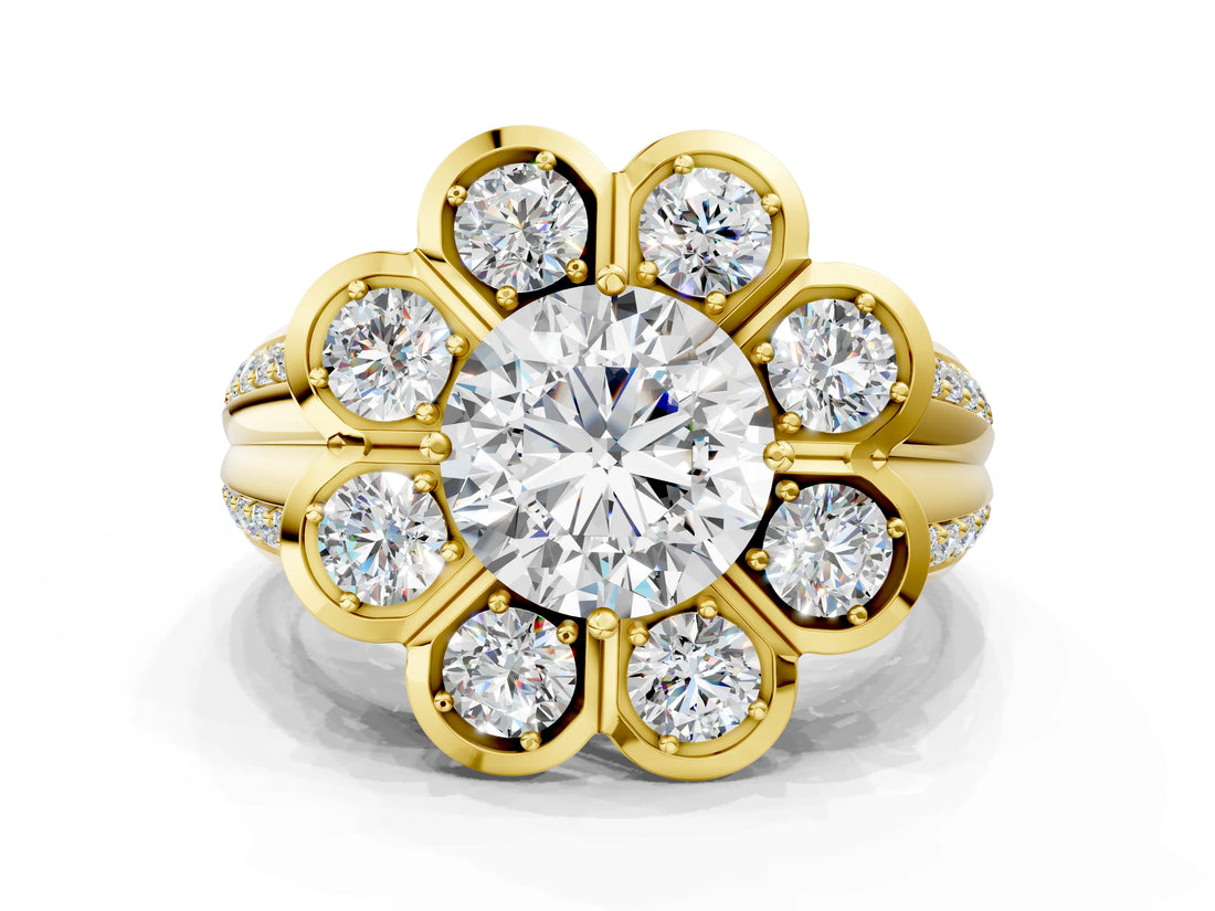 Yellow gold Round Brilliant Flower Halo Diamond Split Shank Ring_78