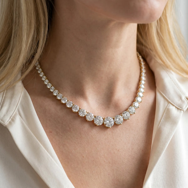 Yellow gold Round Brilliant Graduated Diamond Tennis Necklace with Four-Prong Setting