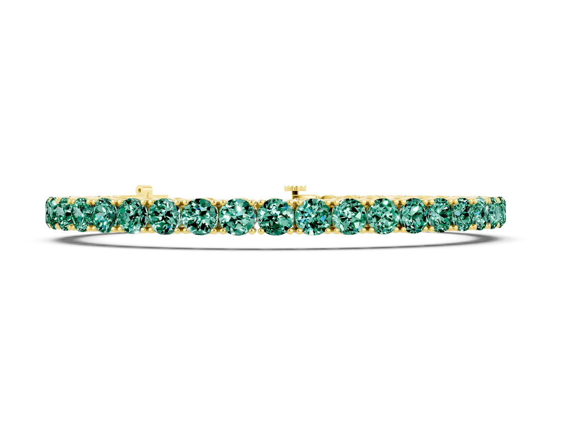 14K Yellow Gold 3.69 Carat Round Brilliant Green Sapphire Tennis Bracelet with Prong Setting