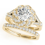 Yellow gold Round Brilliant Halo Floral Diamond Engagement Ring with Pave Band and Prong Setting 1