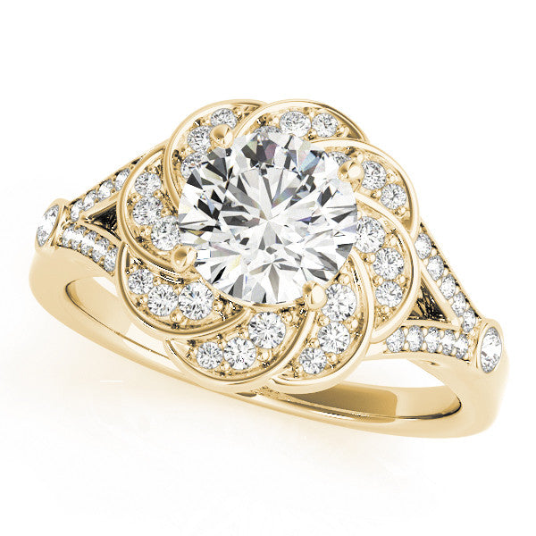 Yellow gold Round Brilliant Halo Floral Diamond Engagement Ring with Pave Band and Prong Setting