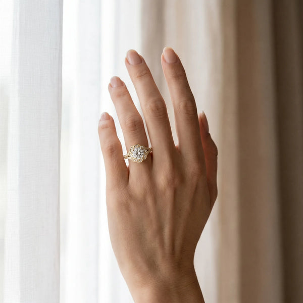 Yellow gold Round Brilliant Halo Floral Diamond Engagement Ring with Pave Band and Prong Setting