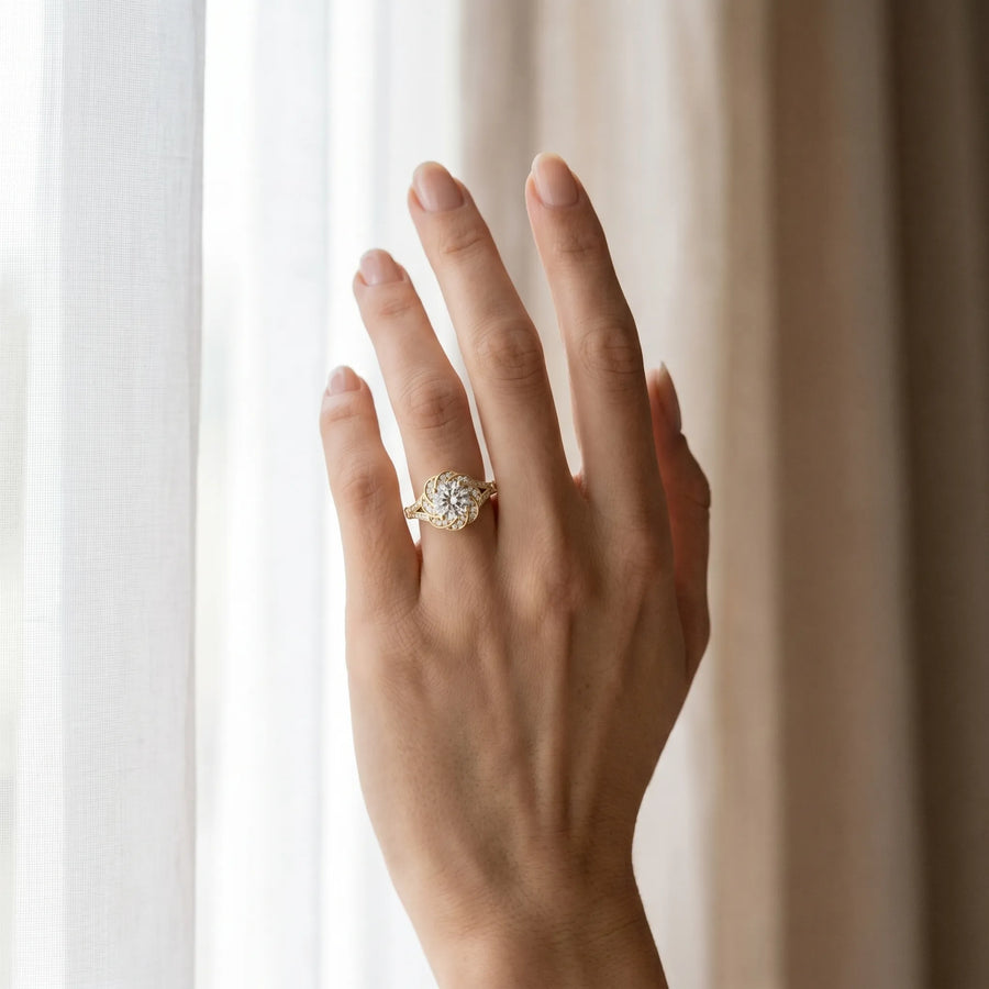 Yellow gold Round Brilliant Halo Floral Diamond Engagement Ring with Pave Band and Prong Setting