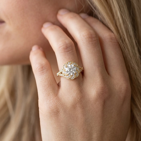 Yellow gold Round Brilliant Halo Floral Diamond Engagement Ring with Pave Band and Prong Setting