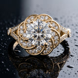 Yellow gold Round Brilliant Halo Floral Diamond Engagement Ring with Pave Band and Prong Setting_6