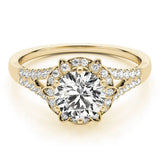 Yellow gold Round Brilliant Halo Flower Split Shank Prong Setting Ring 1