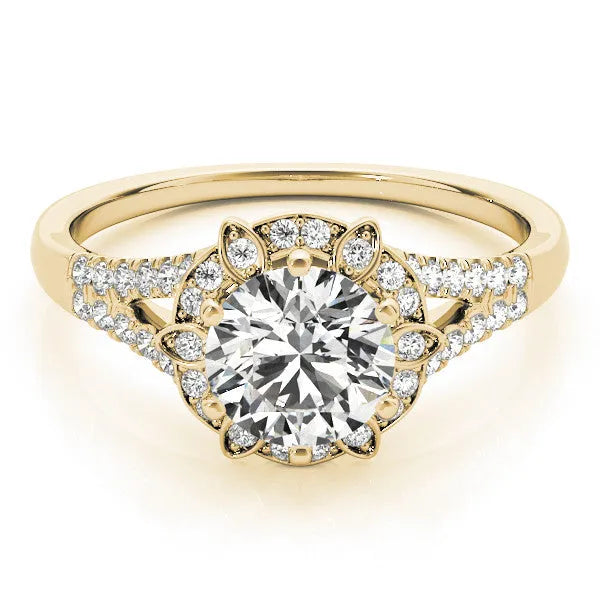 Yellow gold Round Brilliant Halo Flower Split Shank Prong Setting Ring