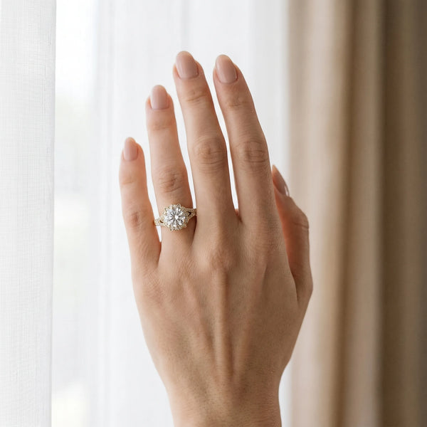 Yellow gold Round Brilliant Halo Flower Split Shank Prong Setting Ring