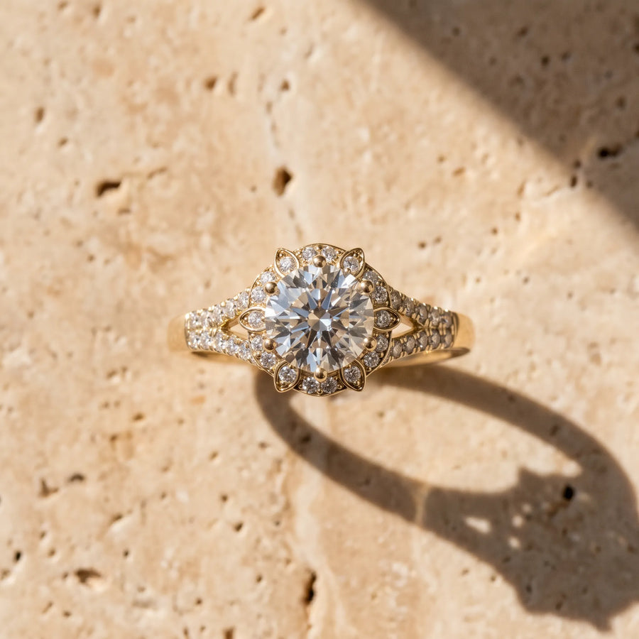 Yellow gold Round Brilliant Halo Flower Split Shank Prong Setting Ring