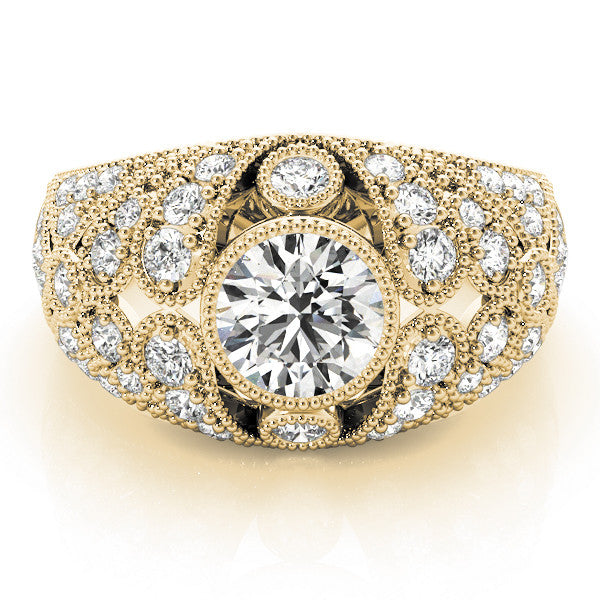 Yellow gold Round Brilliant Halo Pave Diamond Milgrain Ring 1