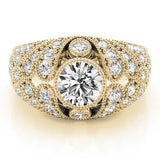 Yellow gold Round Brilliant Halo Pave Diamond Milgrain Ring 1