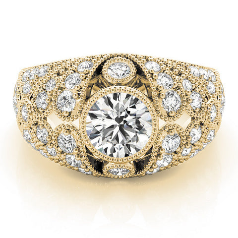 Yellow gold Round Brilliant Halo Pave Diamond Milgrain Ring 1