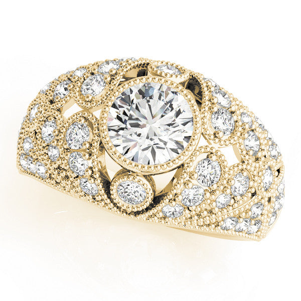 Yellow gold Round Brilliant Halo Pave Diamond Milgrain Ring