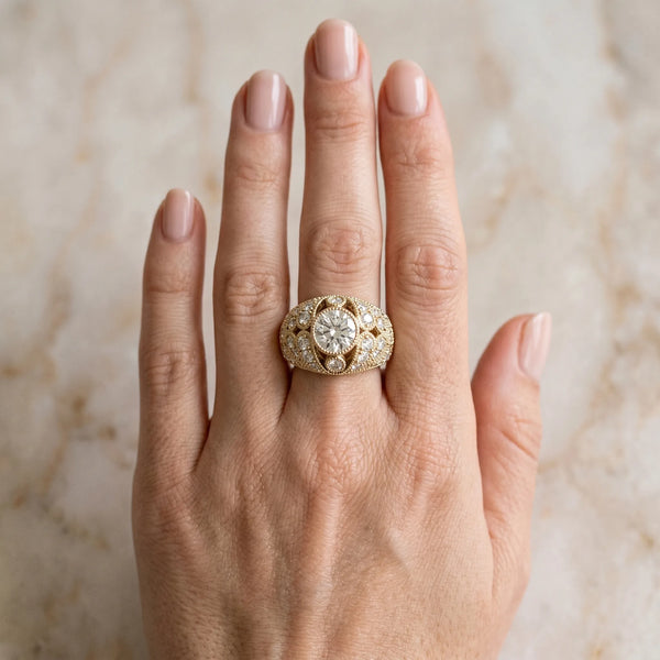 Yellow gold Round Brilliant Halo Pave Diamond Milgrain Ring