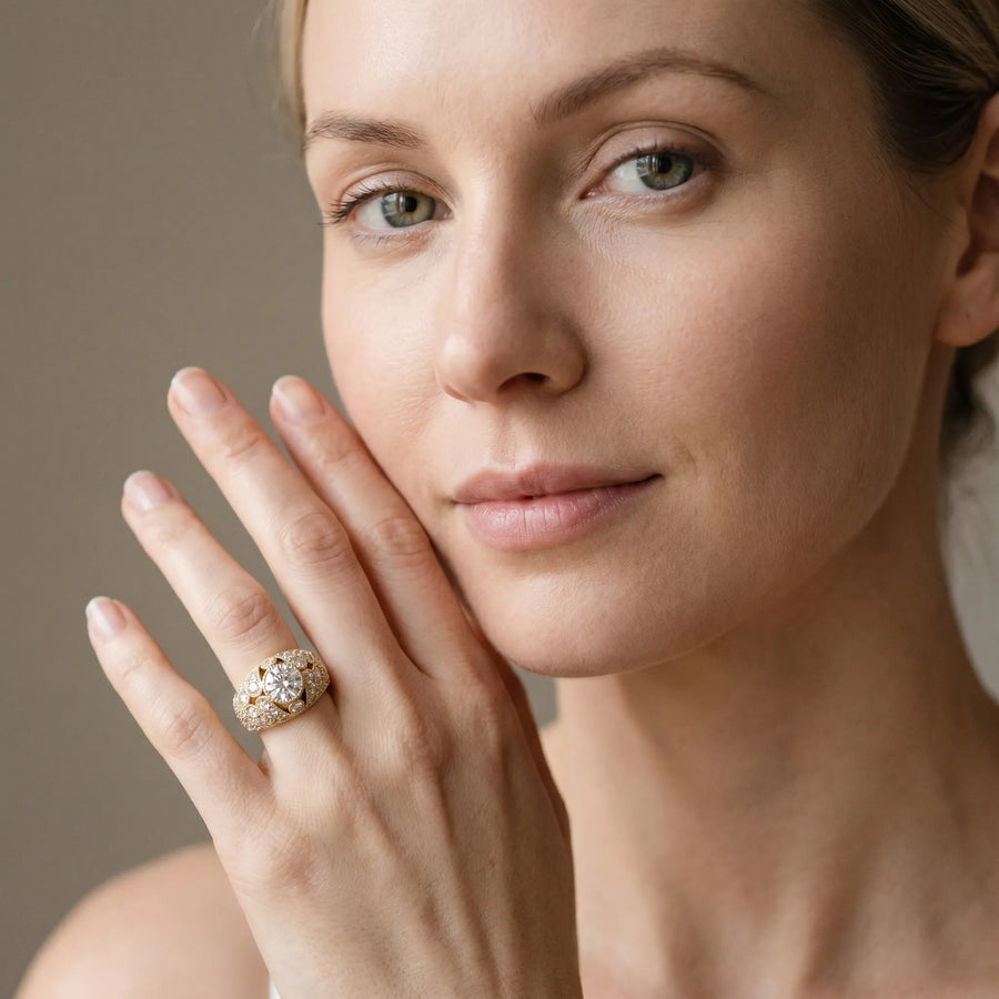 Yellow gold Round Brilliant Halo Pave Diamond Milgrain Ring