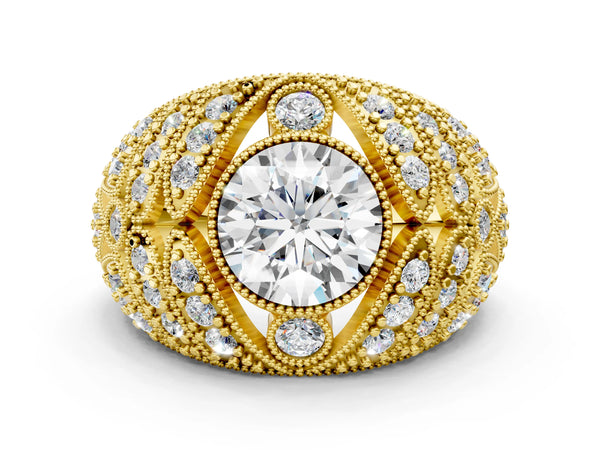 Yellow gold Round Brilliant Halo Pave Diamond Milgrain Ring