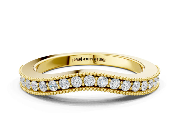 Yellow gold Round Brilliant Milgrain Bezel Set Diamond Wave Band