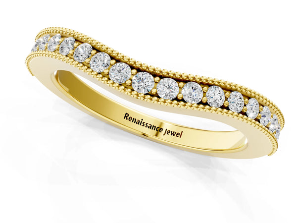 Yellow gold Round Brilliant Milgrain Bezel Set Diamond Wave Band