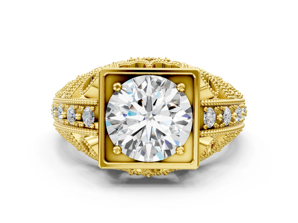 Yellow gold Round Brilliant Milgrain Filigree Diamond Ring with Square Prong Setting