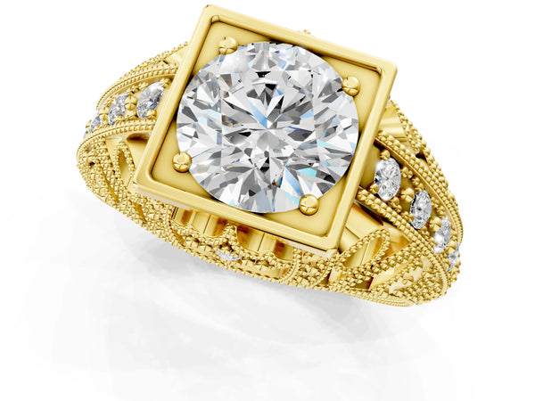 Yellow gold Round Brilliant Milgrain Filigree Diamond Ring with Square Prong Setting