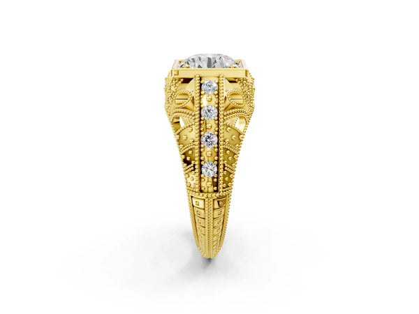 Yellow gold Round Brilliant Milgrain Filigree Diamond Ring with Square Prong Setting