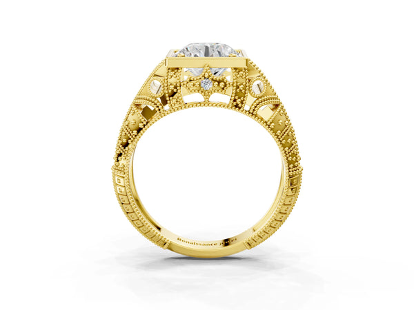 Yellow gold Round Brilliant Milgrain Filigree Diamond Ring with Square Prong Setting