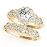 Yellow gold Round Brilliant Milgrain Pave Heart Band Solitaire Ring 1