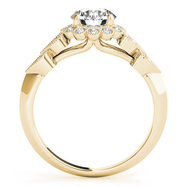 Yellow gold Round Brilliant Milgrain Pave Heart Band Solitaire Ring 2