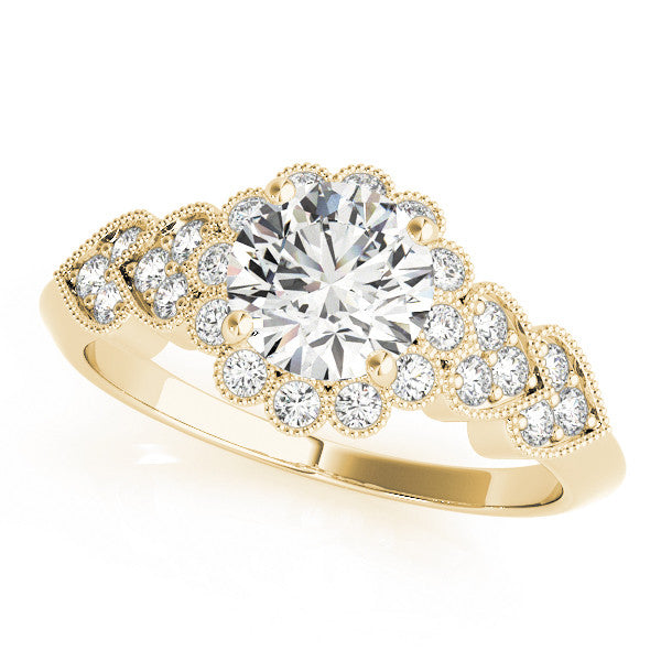 Yellow gold Round Brilliant Milgrain Pave Heart Band Solitaire Ring