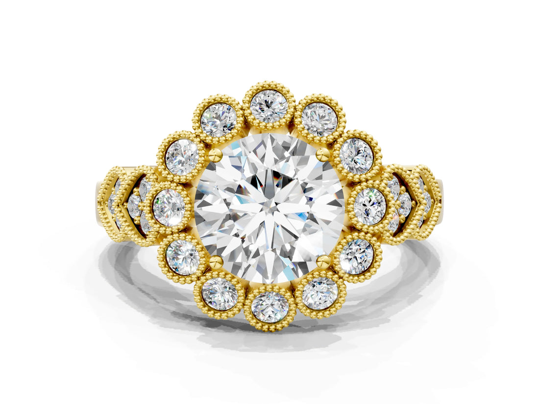 Yellow gold Round Brilliant Milgrain Pave Heart Band Solitaire Ring_7