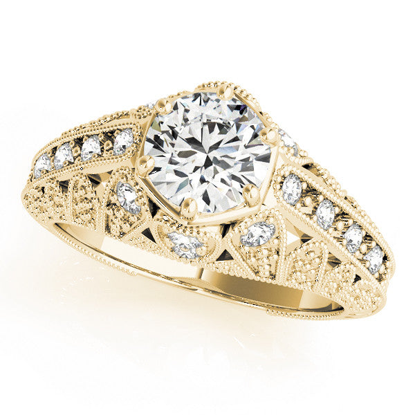 Yellow gold Round Brilliant Milgrain Pave Split Shank Hexagon Prong Setting Ring