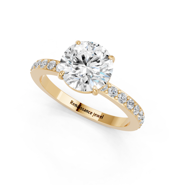 14K Yellow Gold 1.53 Carat E VS1 Round Brilliant Pavé Band Solitaire with Four-Prong Setting